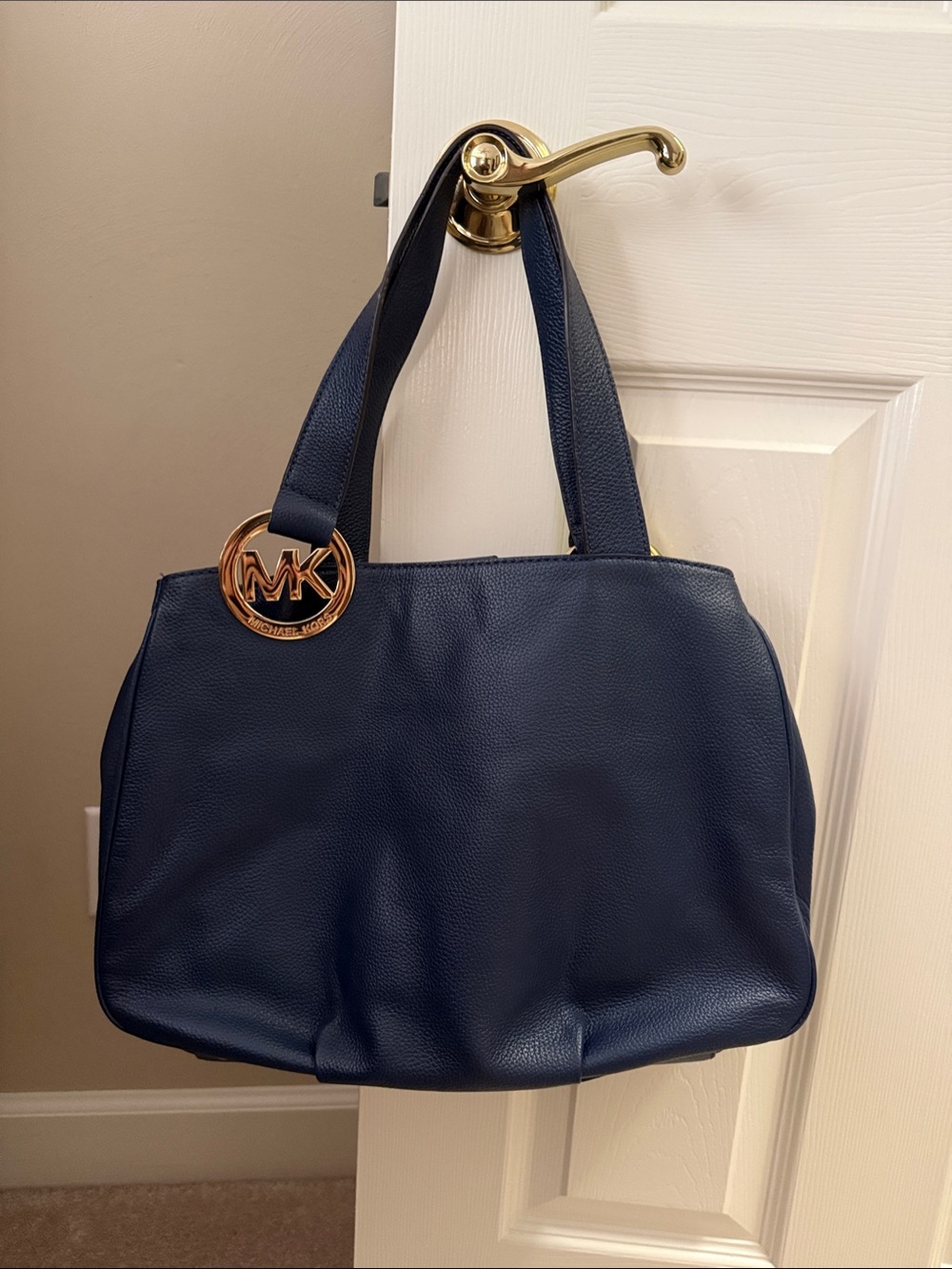 Michael Kors Navy Leather Shoulder Tote with Gold MK Charm